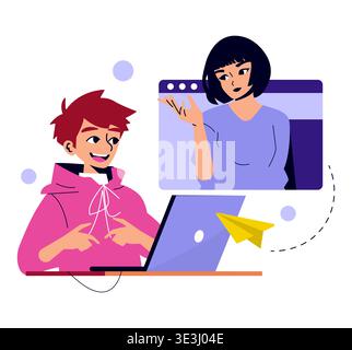 Vektorabbildung mit zwei Personen, die an einem Videoanruf beteiligt sind. Eine Person spricht enthusiastisch, während die andere aufmerksam über einen Computerbildschirm zuhört. Stock Vektor