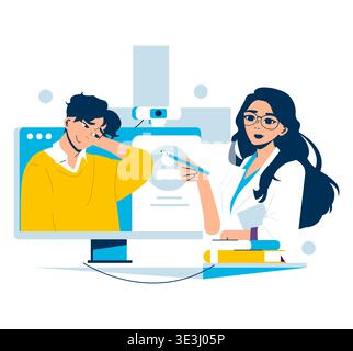 Vektorillustration einer medizinischen Online-Konsultation, die einen Arzt zeigt, der mit einem Patienten auf einem Computerbildschirm interagiert. Der Patient scheint besorgt zu sein, während der Arzt aufmerksam ist. Stock Vektor