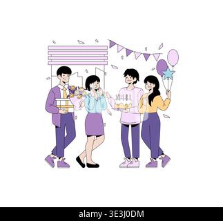 Vektorillustration einer Gruppe, die einen Geburtstag feiert. Eine Person hält einen Kuchen, eine andere bietet Geschenke und Ballons an, während eine überraschte Person mit Freude und Begeisterung reagiert. Stock Vektor