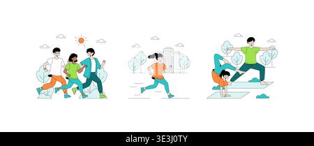 Farbenfrohe Vektorillustration, die drei Szenen von Outdoor-Aktivitäten zeigt, einschließlich Joggen, Laufen und Yoga-Posen. Halten Sie die Essenz von Wellness und gesundem Lebensstil in diesem lebendigen Kunstwerk fest. Stock Vektor