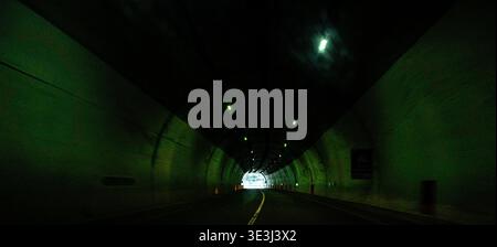 Blick aus dem Innern des Straßentunnels mit grüner Beleuchtung und hellem Licht am Ausgang, zeigt Perspektive auf Reisen, Bewegung und Verkehrsinfrastruktur. Stockfoto