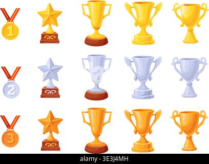 Trophäenbecher aus Silberbronze. Golden Cup Trophäen gewinnen ersten zweiten dritten Platz Sportspiel Wettbewerb Preisverleihung, Trostpreis Gewinner Belohnung Cartoon saubere Vektor Illustration Original Kunstwerk Stock Vektor