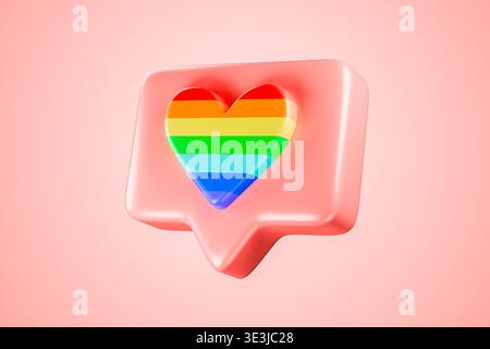 3D-Warnsymbol mit Regenbogenherz auf rosafarbenem Hintergrund Stockfoto