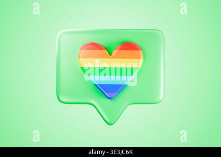 3D-Stolz wie ein Symbol mit Regenbogenherz auf Grün Stockfoto