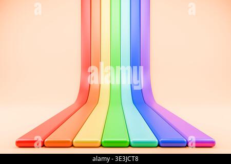Bunte 3D-Regenbogenstreifen, die auf dem Boden fließen Stockfoto