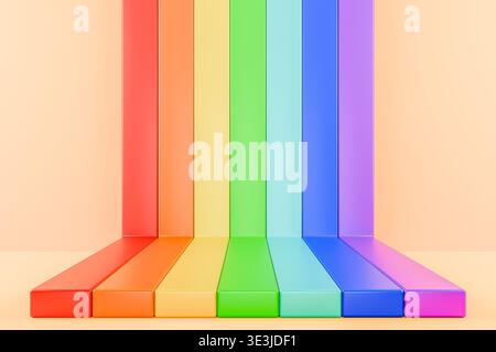 3D-Pfad mit Regenbogenstreifen auf orangefarbenem Hintergrund Stockfoto