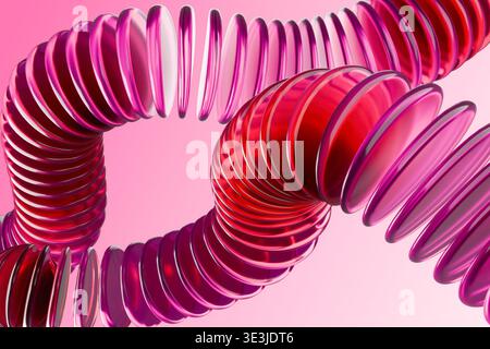 Abstrakte pinkfarbene 3D-Spiralfeder auf rotem Hintergrund Stockfoto