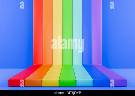 Pfad mit 3D-Regenbogenstreifen auf violettem Hintergrund Stockfoto