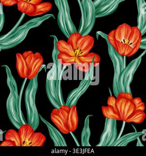 Nahtloses Aquarellmuster mit leuchtend roten Tulpen und grünen Blättern. Eleganter floraler Hintergrund für Frühlingsferien, Ostermotive, Textil und Verpackung Stockfoto
