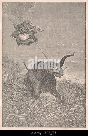 Vintage-Illustration eines Elefanten, der von einem Heißluftballon gezogen wird, mit einer Person im Inneren. Eine antike Gravur zeigt eine ungewöhnliche Szene, in der ein Elefant an einem Heißluftballonkorb befestigt ist, der eine Person trägt, was auf eine skurrile oder fantastische Erzählung hindeutet. Stockfoto