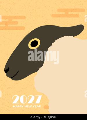 Süßer Suffolk Schafsprofil Kopf. Mondneujahr 2027 minimalistische Grußkarte oder chinesisches Neujahr der Schafe Karte. Stock Vektor