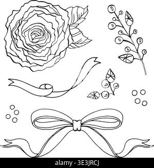 Sammlung von handgezeichneten Umrisszeichnungen, einschließlich einer detaillierten Rosenblume, Blättern, Beerenzweigen, einer großen Schleife mit langen Enden und einer fließenden Stock Vektor