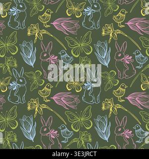 Kaninchen, Blumen, Schmetterling, Vogel. Handgezeichnetes nahtloses Muster. Vintage oster-Elemente. Skizzen der Frühjahrskollektion. Für Kinderzimmer Design Stock Vektor