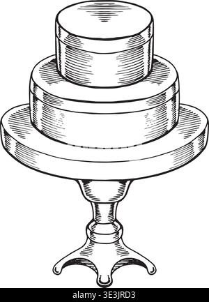 Handgezeichnete minimalistische Vintage-Skizze eines dreistufigen Kuchens auf einem eleganten Standfuß. Diese klare Illustration im Gravurstil ist klassisch Stock Vektor