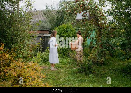 Zwei Frauen ernten Äpfel in einem Obstgarten, die eine hält einen Korbkorb und die andere blickt zu, umgeben von üppigem Grün und Obstbäumen Stockfoto