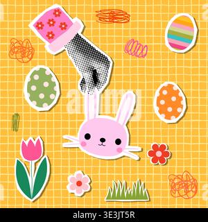 Lustiger Vektor Ostern Halbton Collage Stil Illustration mit Hand, die einen rosa Häschen hält, nette Grußkarte Stock Vektor