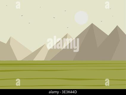 Landschaft mit grünen Hügeln und Bergen. Vektor-Illustration von Sonnenuntergang oder Sonnenaufgang in schönen Bergen Stock Vektor