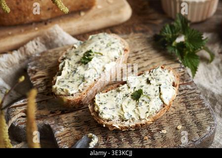 Brennnesselbutter auf zwei Scheiben Sauerteigbrot - hausgemachter Aufstrich aus wilden essbaren Pflanzen Stockfoto