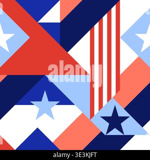 Geometrisches, nahtloses Vektor-Muster mit Farben, Streifen und Sternen der USA-Flagge. Moderner abstrakter patriotischer Hintergrund. Amerikanisches Weihnachtsdesign zum Einpacken Stock Vektor