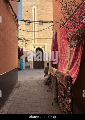 Straßenfotografie in Marrakesch, Marokko, aufgenommen im warmen Sonnenuntergang mit stimmungsvollen Szenen aus der lebhaften Medina. Stockfoto