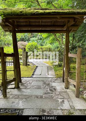 Atmosphärischer Eindruck aus dem Japanischen Garten in Portland, mit ruhiger Landschaft, üppigem Grün und friedlichem japanischem Design. Stockfoto
