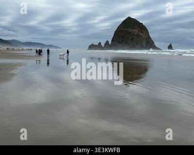Heuhaufen Rock an der Küste Oregons unter einem stimmungsvollen, dramatischen Himmel, der die raue Schönheit von Cannon Beach und die stimmungsvolle Landschaft einfängt Stockfoto