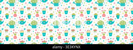 Nahtloses Frühlingsmuster mit Gießkannen, Blumen, Eimern und Vasen. Niedlicher Hintergrund in Pastellfarben mit handgezeichneten Elementen. Perfekt für Stoff, Geschenkpapier, Textilien, Tapeten, Gartendesign. Stock Vektor