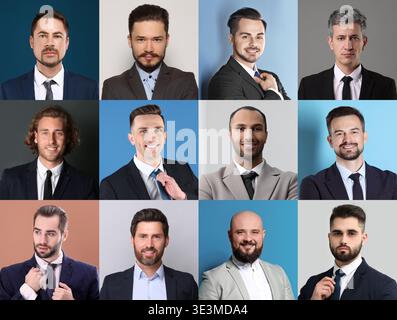 Große Sammlung männlicher Porträts. Männer unterschiedlichen Alters Stockfoto