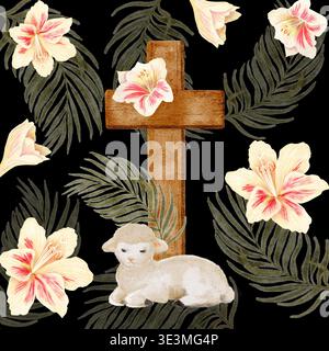 Nahtloses Muster mit Kreuz, Lamm, Palmblättern, Lilien, handgemaltes Aquarell auf Schwarz, christliche Komposition für Osterdesign, Faith Branding Stockfoto