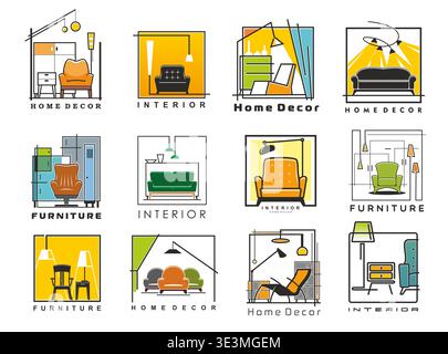 Inneneinrichtung und Möbel Vektor-Ikonen von Wohnzimmer mit Stühlen, Sofa und Leseecke mit Lampen. Inneneinrichtung mit dekorativen Regalen und Vasen, modernen Sesseln und Couchtisch Stock Vektor