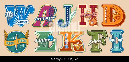 Varsity Sport Patch Etiketten, College oder Universität Club Buchstaben Abzeichen Set. Vektor-Basketball, Baseball und american Football, Volleyball und Rugby-Bälle, Handschuhe, Cap-Buchstaben, Varsity-Patches und -Drucke Stock Vektor