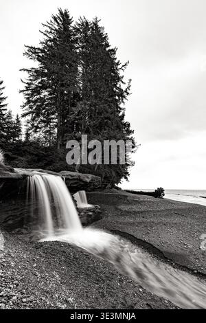 Wasserfall am Sandcut Beach - Jordan River Regional Park - in der Nähe von Sooke, Vancouver Island, British Columbia, Kanada [Schwarzweißbild] Stockfoto