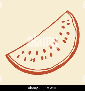 Vektor-Illustration einer gekrümmten Schicht reifer Wassermelone mit Samen. Handgezeichnete rote Linie Kunst Ikone einer süßen tropischen Frucht für Sommerparty und Stock Vektor