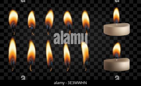 Weiße Teekerze, brennende Streichhölzer. Leichtes romantisches Hochzeitsfeuer, 3D diwali Heizflamme. Golden glänzender Paraffinzylinder, Spa-Stil-Glühen. Rund Stock Vektor
