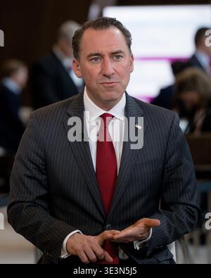 Houston, USA. März 2026. Jerrod Agen spricht während der CERAWeek von S&P Global am 23. März 2026 im Hilton Americas in Houston, Texas. Bei der Diskussion über diese Veranstaltung werden führende Vertreter der globalen Energiewirtschaft zusammengebracht, um das Thema „Konvergenz und Wettbewerb: Energie, Technologie und Geopolitik“ zu erörtern. (Foto: Marcus Ingram/SIPA USA) Credit: SIPA USA/Alamy Live News Stockfoto