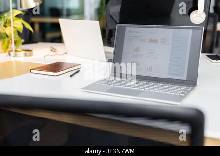 Silver Laptop zeigt den Jahresbericht auf dem Schreibtisch mit Notebook, Stift, Pflanze, Kopfhörern und Lampe Stockfoto