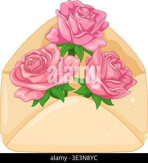 Rosa Rosen In Offenem Umschlag, Feine Anordnung Von Drei Blüten Mit Grünen Blättern, Die In Cremepapier Liegen Stock Vektor