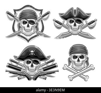 Vector Pirate Skull Set, Kollektion mit isolierten Illustrationen von schrecklich lächelnden Piratenschädeln in schwarzem Bandana und alten Säbeln für e Sport Team, 4 Stock Vektor
