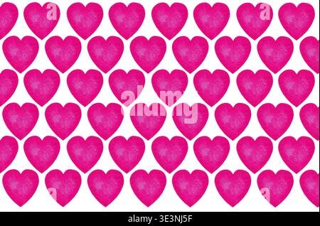 Nahtloses Muster mit rosa Herzen und körniger Textur auf weißem Hintergrund. Wiederholbare romantische Symbolillustration für Valentinstag Dekor, Hochzeit Stati Stockfoto