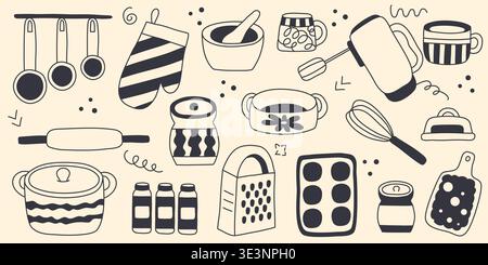 Handgezeichnetes Set von Küchenutensilien zum Kochen. Illustrationen von Geschirr, Besteck, Gewürzgläsern und Küchenutensilien im Doodle-Sketch-Stil. Vektorelemente Stock Vektor