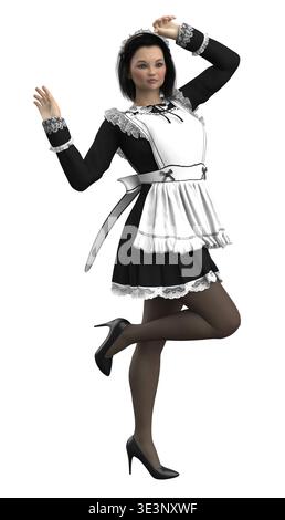 3D-gerenderte Frau posiert selbstbewusst in einem detaillierten schwarz-weißen Dienstmädchen-Outfit mit Spitzenbesatz, Schürze und Absatzschuhen. Ideal für Cosplay, Charakter de Stockfoto