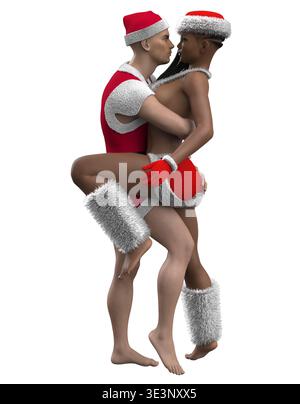 Zwei 3D-gerenderte Figuren, ein Mann und eine Frau, die in verspielten rot-weißen Outfits mit Weihnachtsmannmotiven gekleidet sind, zeigen dynamische Tanzpositionen. Perfekt für Urlaub, Stockfoto