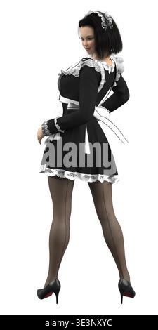 3D-gerenderte Frau posiert selbstbewusst in einem detaillierten schwarz-weißen Dienstmädchen-Outfit mit Spitzenbesatz, Schürze und Absatzschuhen. Ideal für Cosplay, Charakter de Stockfoto