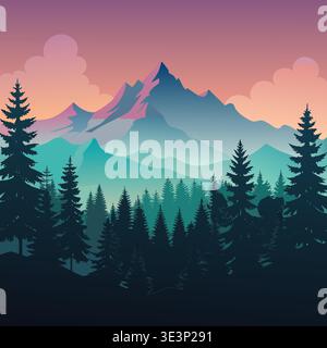 Eine stilisierte Illustration einer Bergkette mit einem dichten Wald im Vordergrund, mit einem lebendigen Sonnenuntergangshimmel mit rosa und orangen Wolken. Stock Vektor