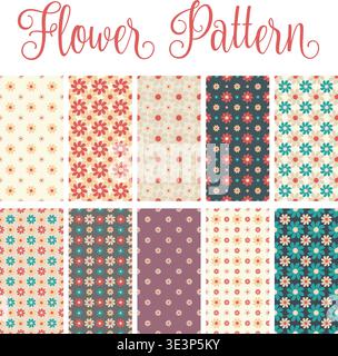 Retro Gänseblümchen Blume Muster Set, Vintage Boho Floral Nahtloser Hintergrund Digital Papier, Groovy Mehrfarbige Gänseblümchen Wiederholen Druck, Stoff Textil Oberfläche Stock Vektor