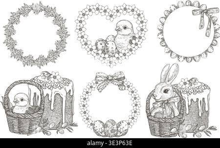 Ostern Vektor Aufkleber und Kranz Set mit Küken und süßen Häschen im Blumenkorb. Handgezeichnete Vintage-Umrissillustration mit Eiskuchen und Rahmen in Herzform. Perfekt für traditionelle Urlaubskarte. Stock Vektor