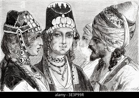 Mann mit Turbanen und Frauen mit türkischem Kopfbedeckung, Truthahn. Zeichnung von Jules Laurens (1825-1901) Reise in Lazistan und Armenien, 1869 von Theophile Deyrolle (1844-1923) Le Tour du Monde 1876 Stockfoto