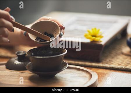 Asiatische junge Erwachsene Frau, die eine traditionelle Teezeremonie vorbereitet, eine kleine Schüssel mit Teeblättern hält und eine Holzlöffel verwendet, Nahaufnahme der Hände, die ein kulturelles Ritual auf einem Holztablett durchführen Stockfoto