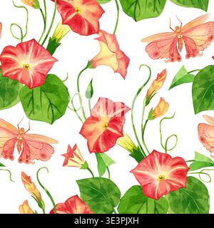 Nahtloses Aquarellmuster mit Faltblumen, grünen Blättern und rosa Schmetterlingen. Alle Objekte sind handgemalt in Aquarell. Ein florales Element Stockfoto