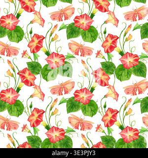 Nahtloses Aquarellmuster mit Faltblumen, Blättern, Knospen und rosa Schmetterlingen. Alle Objekte sind handgezeichnet in Aquarelltapeten aus Textil Stockfoto